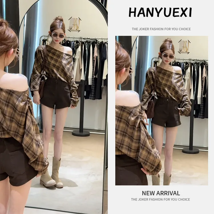 今年流行漂亮套装2025新款气质格纹气质斜肩上衣休闲短裤两件套装