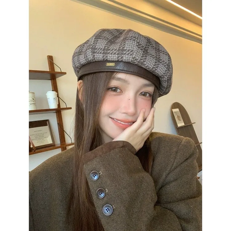 贝雷帽女英伦复古格子毛呢皮帽檐八角帽子秋冬季百搭显脸小画家帽