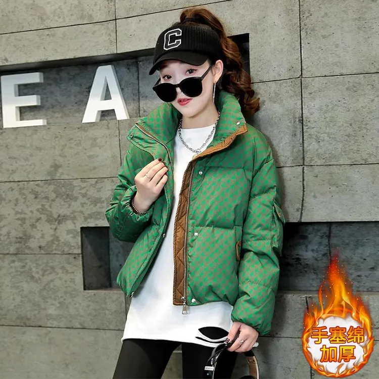 时尚短款立领千鸟格棉服女2024年冬季新款设计感加厚面包服外套潮