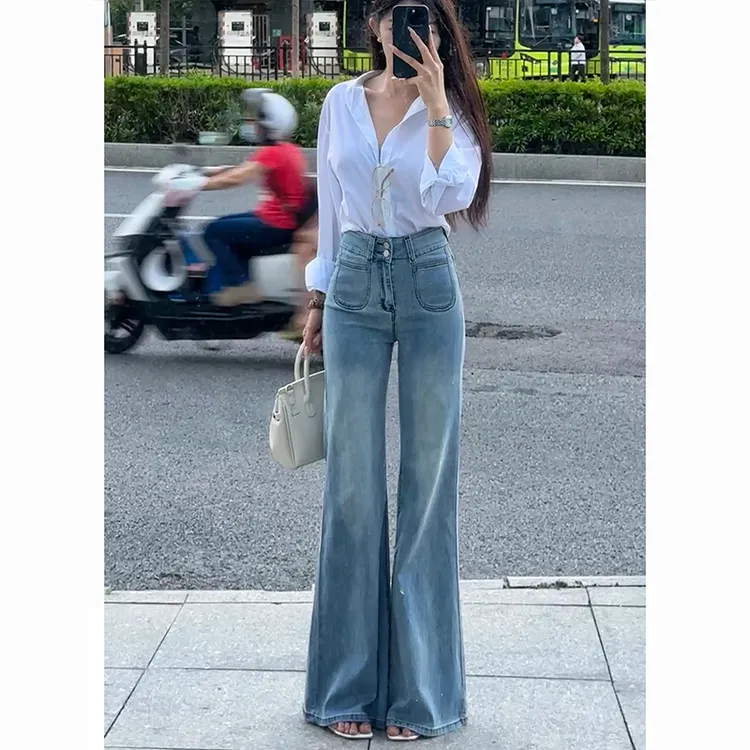 浅色高腰微喇牛仔裤女2025秋季新款小个子显瘦弹力喇叭拖地长裤