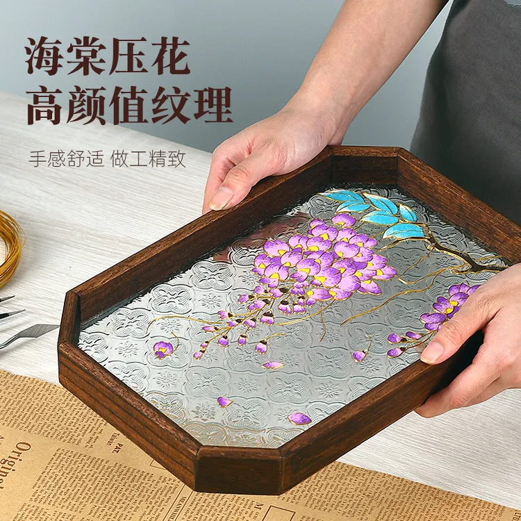 非遗掐丝珐琅画diy复古海棠玻璃茶盘材料包手工礼物摆件