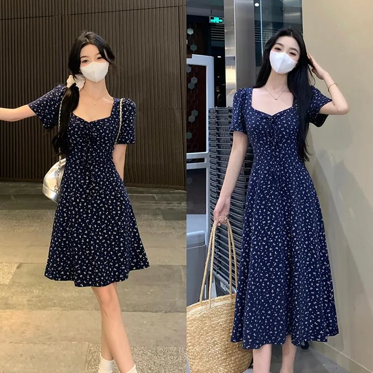 大码法式短袖连衣裙女夏季胖MM遮肚子显瘦碎花裙梨形身材休闲裙子