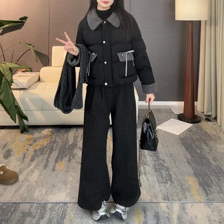 2025秋冬新款女士一整套设计感拼接棉服外套加厚保暖阔腿裤套装
