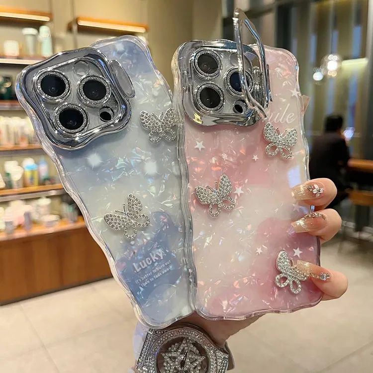 适用苹果系列iPhone新款手机壳闪钻蝴蝶晕染蓝全包隐形支架镜头膜