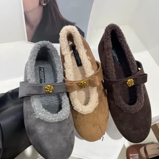 花朵单鞋玛丽珍鞋秋冬百搭保暖豆豆鞋乐福鞋浅口法式