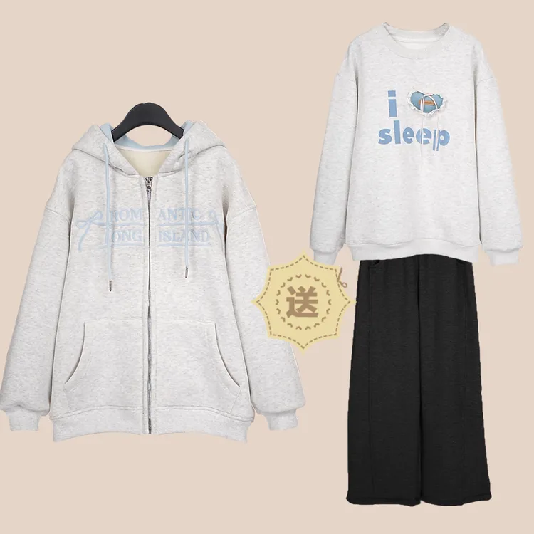 视频【加绒加厚3件套】2025年秋冬女童青少年卫衣套装裤子三件套