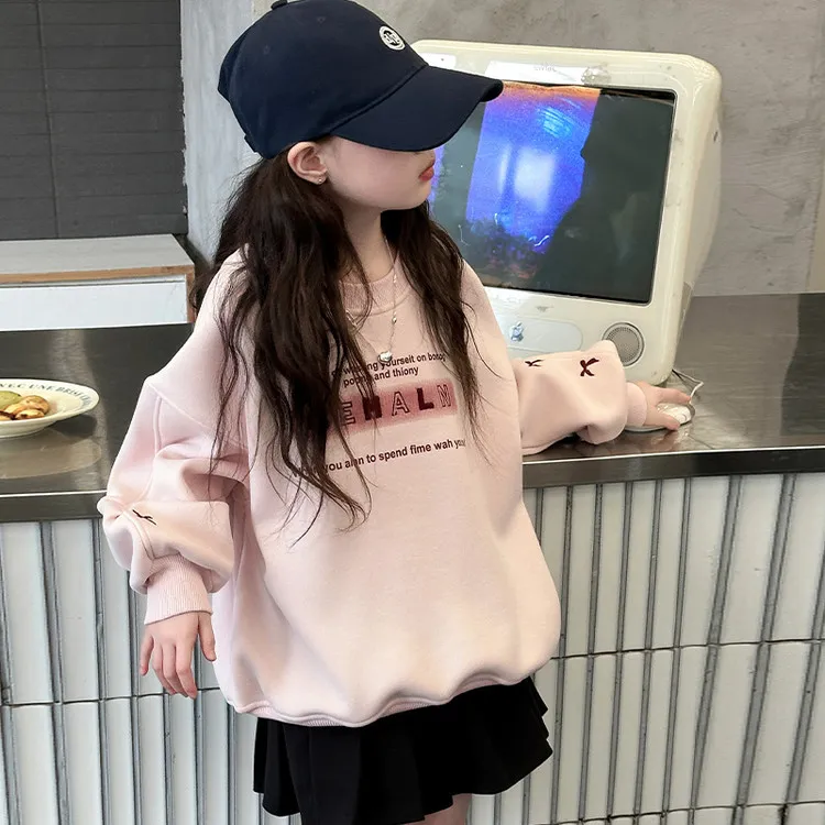 女童秋冬款加绒卫衣2024新款洋气休闲女大童袖子蝴蝶结一体绒上衣