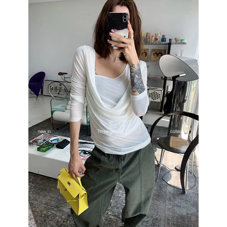 THREE GOOOD/三吉 两件套叠穿设计荡领褶皱长袖打底衫Y725Y13121