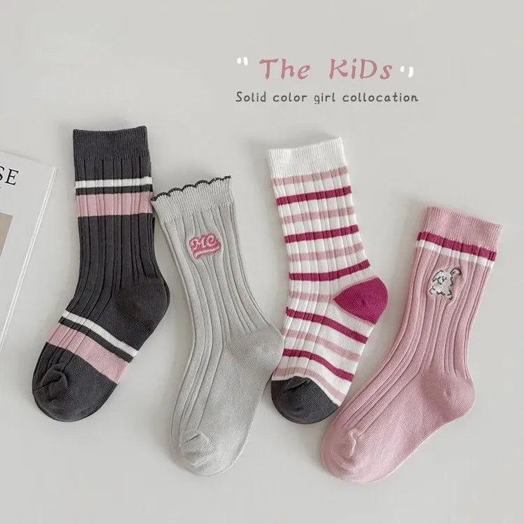女童袜子春秋季韩版学院风儿童棉袜卡通条纹中筒秋冬宝宝棉袜
