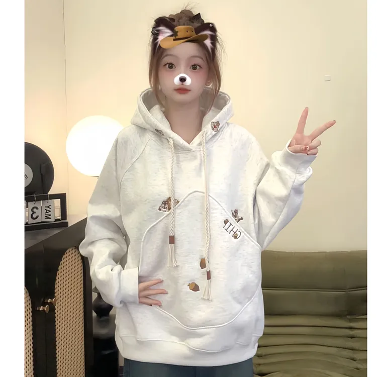 【帝韵】新款奇奇蒂蒂加绒加厚卫衣刺绣连帽外套女春秋宽松百搭上衣