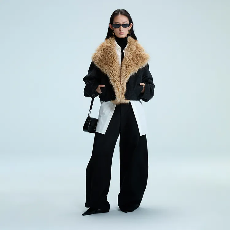 SIP CLASS 拼接皮草毛呢短大衣外套