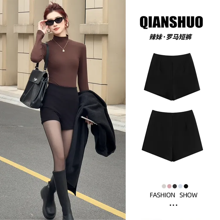 千朔百搭黑色短裤秋冬外穿女款高腰罗马热裤配长靴西装修身显瘦裤商品图