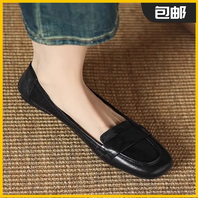 软羊皮法式复古软底单鞋女2025春夏新款真皮显瘦平底妈妈鞋乐福鞋