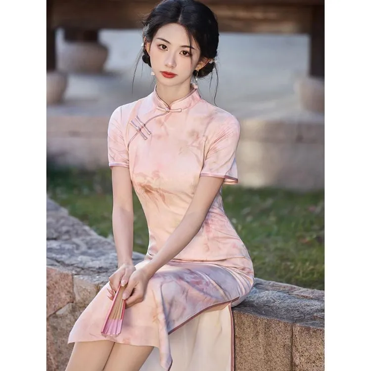 粉色旗袍女夏季新款双层复古年轻款气质新中式改良长款旗袍连衣裙