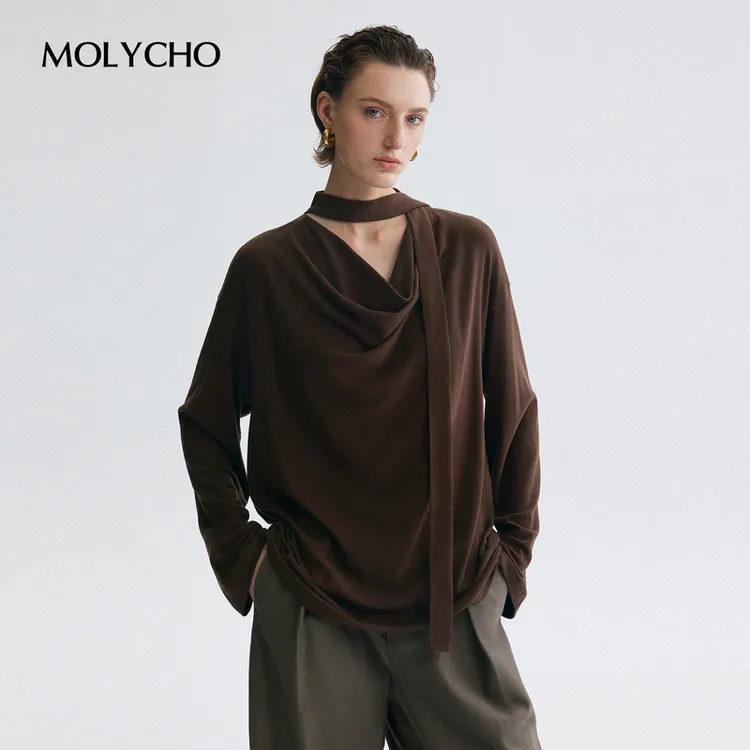MOLYCHO  |  随性慵懒_设计感飘带荡领T恤女_宽松垂感打底衫上衣