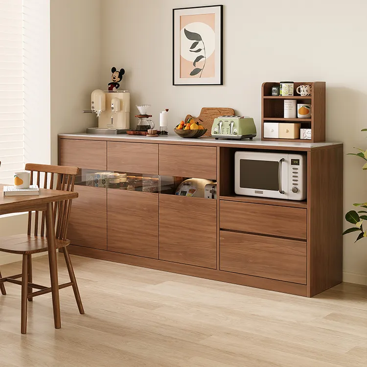 岩板实木餐边柜家用厨房落地茶水柜一体靠墙储物柜咖啡机置物柜子