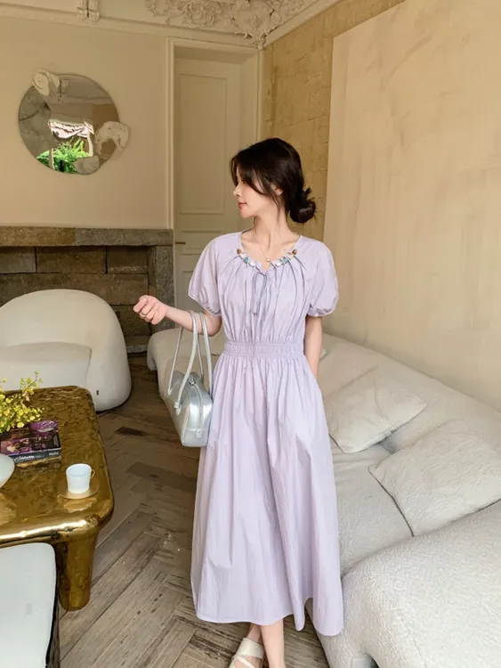 【XIAOQI】设计感圆领串珠短袖连衣裙女装夏季新品小清新百搭