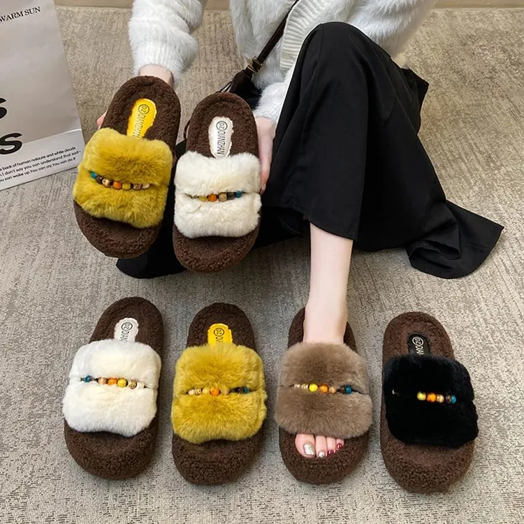 个性黄色毛毛拖鞋女外穿2025新款秋冬爆款一字拖毛茸茸居家棉拖鞋