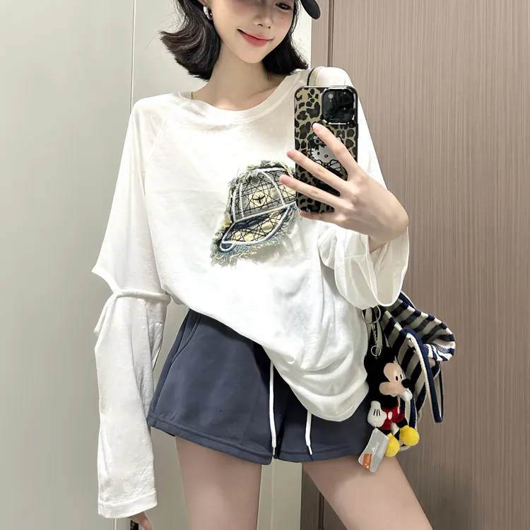 设计感微透感牛仔贴花防晒罩衫辣妹长袖t恤空调衫上衣