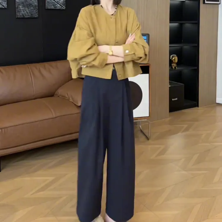 时尚复古长袖衬衫搭配高腰显瘦阔腿裤
