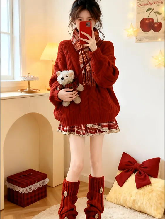 圣诞新年红色毛衣女冬季加厚厚实慵懒风外穿内搭圆领套头麻花上衣