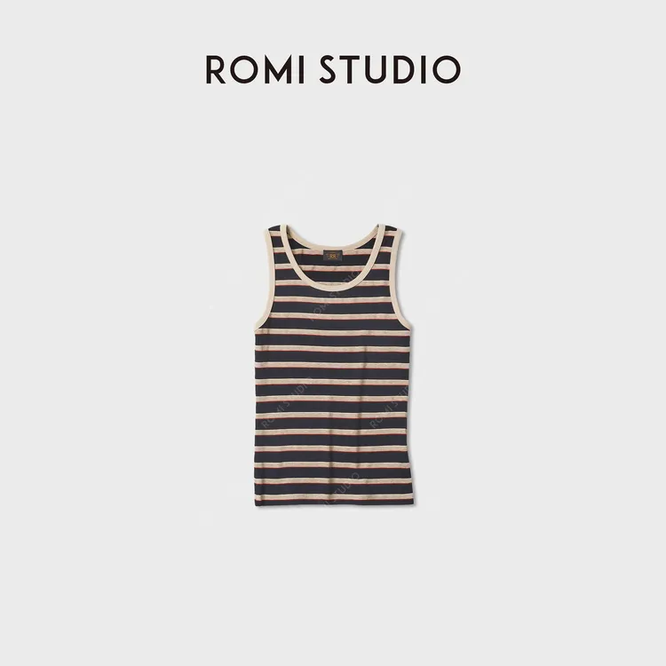ROMI STUDIO复古撞色条纹亲肤弹力修身圆领无袖背心 RWDRSF3144