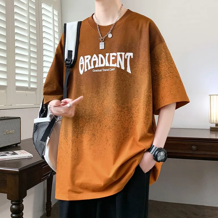冰丝凉感短袖t恤男夏季潮牌渐变五分半袖男宽松上衣服青少年T恤潮