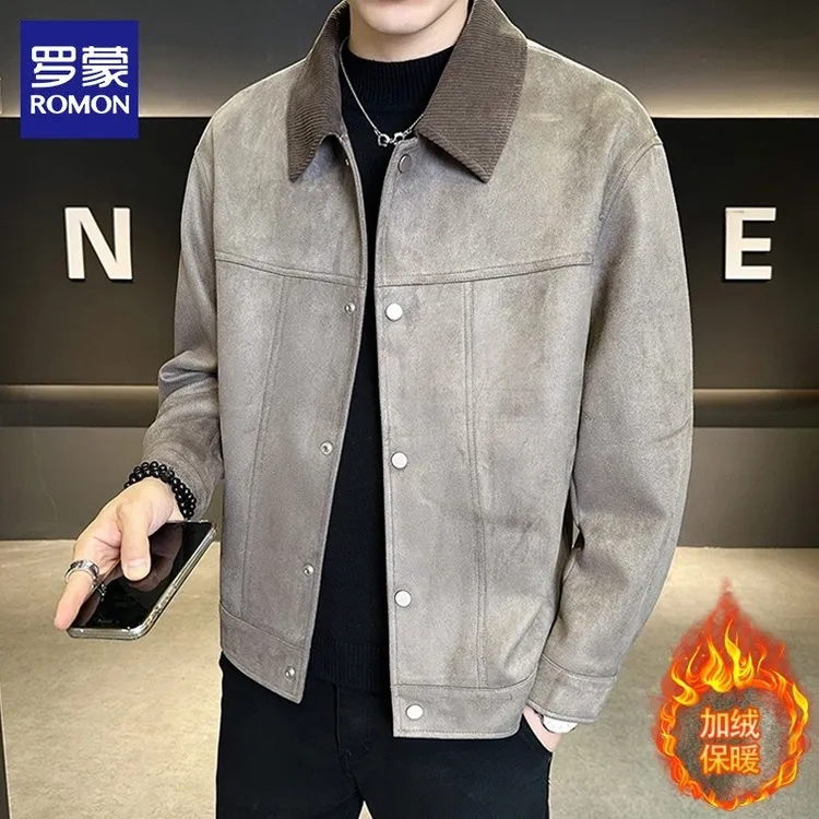 罗蒙高端麂皮绒夹克男士冬季新款加绒保暖上衣商务休闲翻领短外套