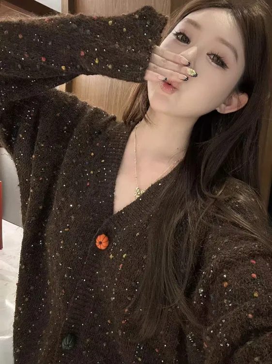 琪琪怪怪大码女装【彩虹豆】洋气彩色亮片时尚针织上衣T67809QTQ