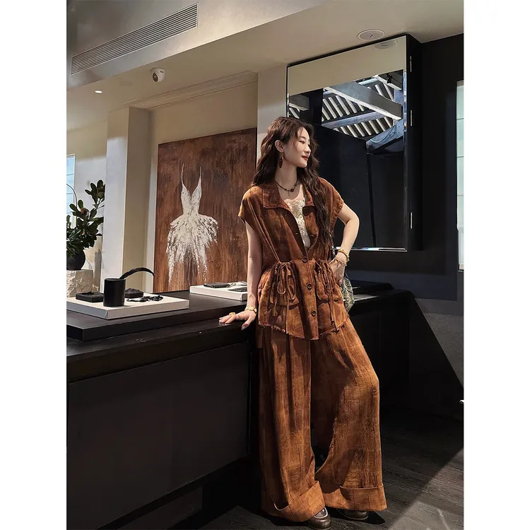 三吉黑花【无咎】夏日ootd穿搭一整套手工扎染高密色织剪花套装