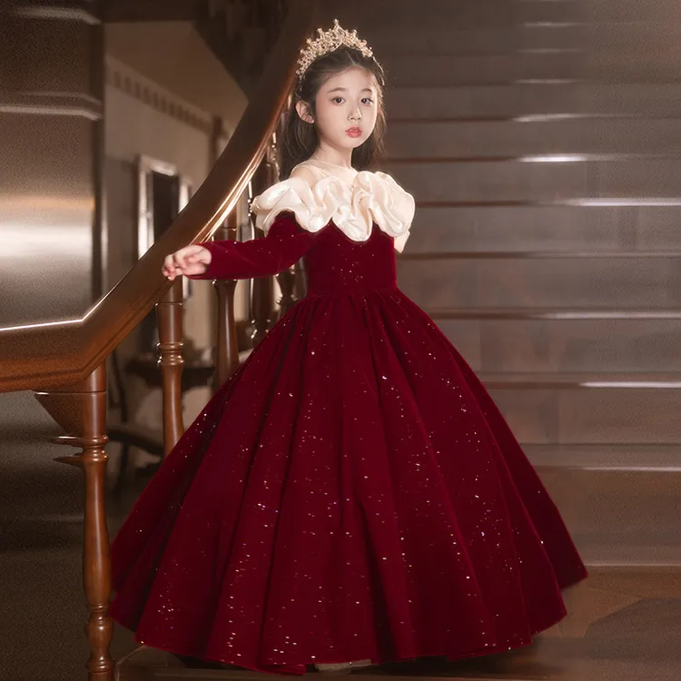 高端法式女童红色绝美礼服花童婚礼小女孩生日宴公主裙钢琴演出服