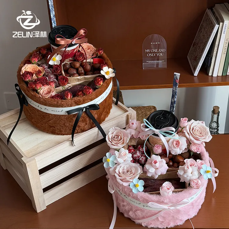 新款暖冬毛绒“栗”刻好运圆形礼盒花盒花束包装绒布礼盒材料