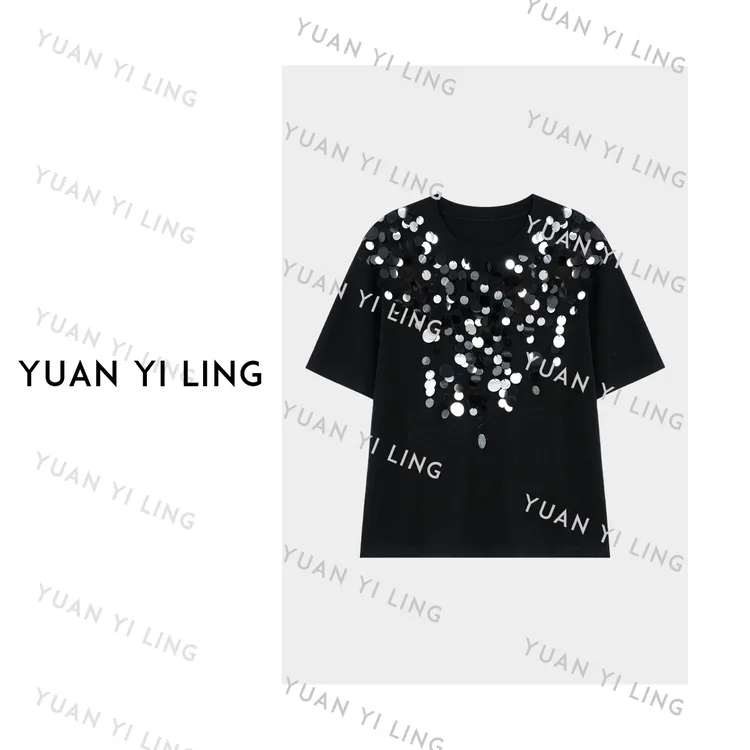 袁艺灵【星空】25秋季圆领重工亮片显瘦设计感针织T恤9144