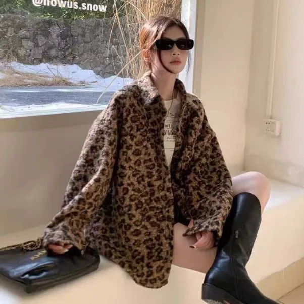 全额运补秋季豹纹长袖衬衫外套女美式复古宽松显瘦百搭休闲上衣