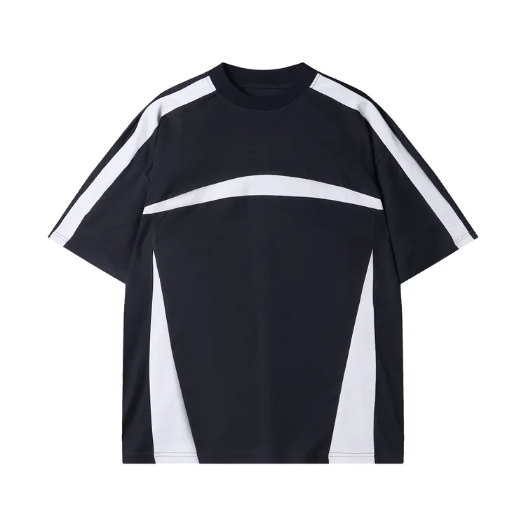 早春新款时尚个性美式拼接撞色圆领短袖T恤高街潮牌百搭套头上衣