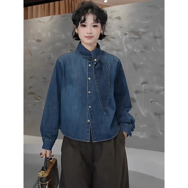 高级感牛仔衬衣女冬季新款复古飘带翻领单排扣时尚磨毛衬衫