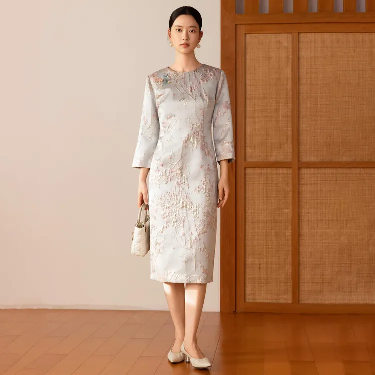 西子/【樱花晴空】奢华织锦缎重工烫金提花连衣裙/CQHJ124