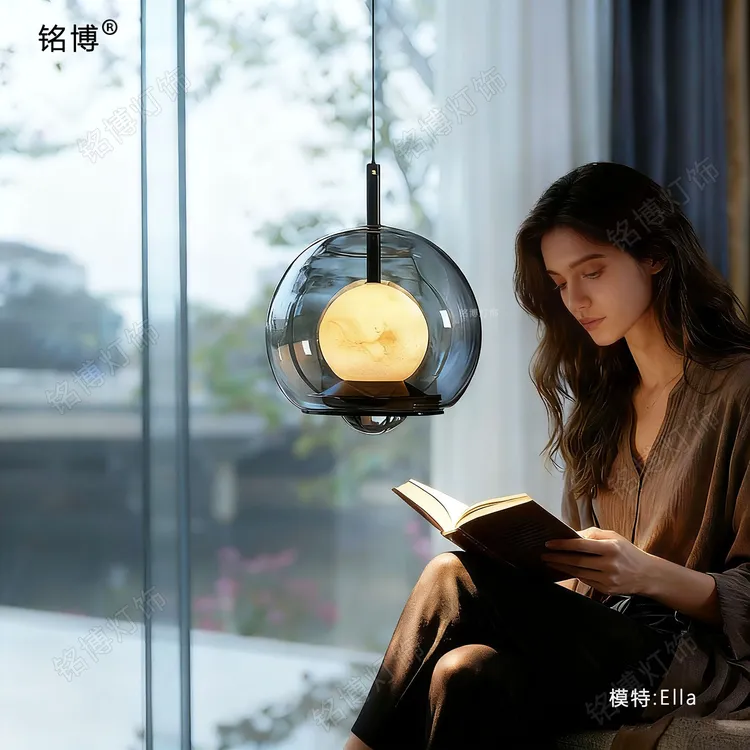 铭博现代简约创意西班牙云石床头吊线灯高级氛围主卧室升降小吊灯