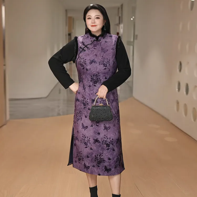 【复合银狐绒】MsShe大码女装冬仿水貂毛条拼接小衫旗袍J~B2512026