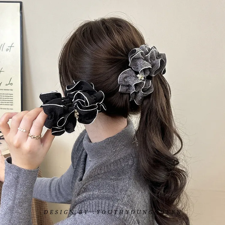 小香风褶皱珍珠蝴蝶结香蕉夹发卡女后脑勺气质盘发马尾夹竖夹发饰