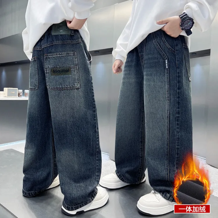 6-12岁男童加绒加厚牛仔裤秋冬季中大童帅气韩版长裤儿童裤子男孩