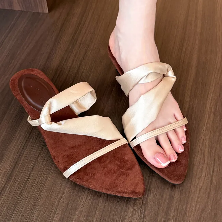 elingstudio 复古好穿！绸缎杏尖头低跟凉鞋女2025新款百搭穆勒鞋