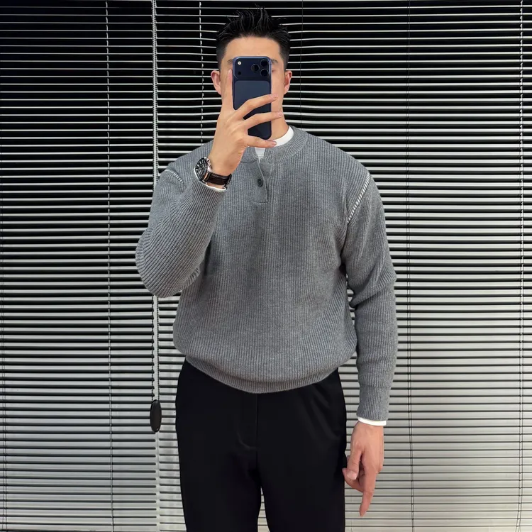 撞色圆领针织衫秋冬内搭男士毛衣百搭打底衫修身宽松男士秋季男装