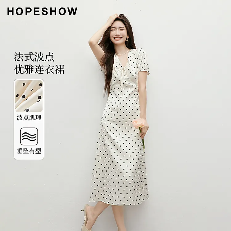 红袖2025夏季新款女装波点泡泡袖蕾丝花边V领连衣裙90125101605