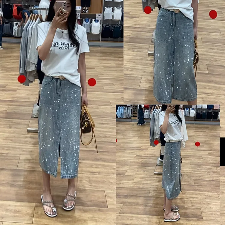 高级感烫钻 显腿长牛仔裙高腰A字开叉长半身裙女春夏新款