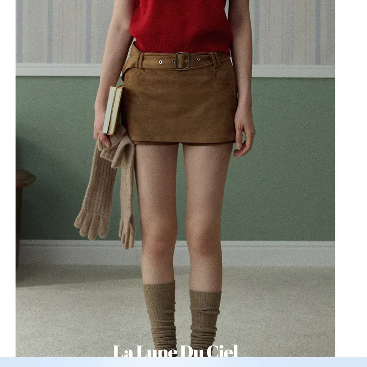 【LaluneDuCiel】LLDC 5周年店庆 复古百搭麂皮绒腰带a字短裙裤女