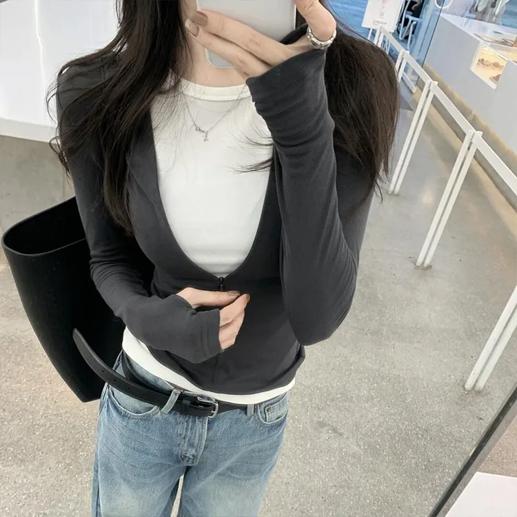 老钱风复古假两件拉链设计长袖T恤女秋季修身显瘦上衣内搭打底衫