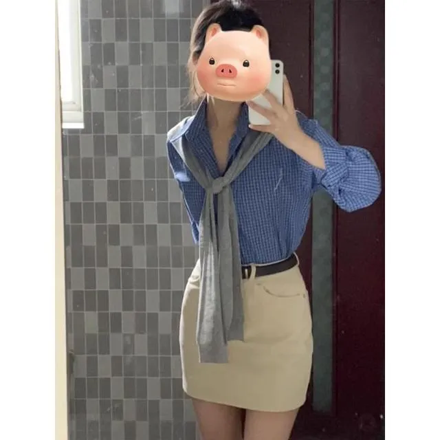 开春穿搭一整套早春季女装蓝色条纹衬衫叠穿披肩两件套装