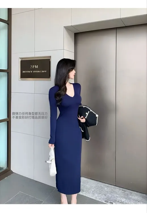 V领套头款长袖包臀裙内搭修身显瘦独特漂亮掐腰针织连衣裙