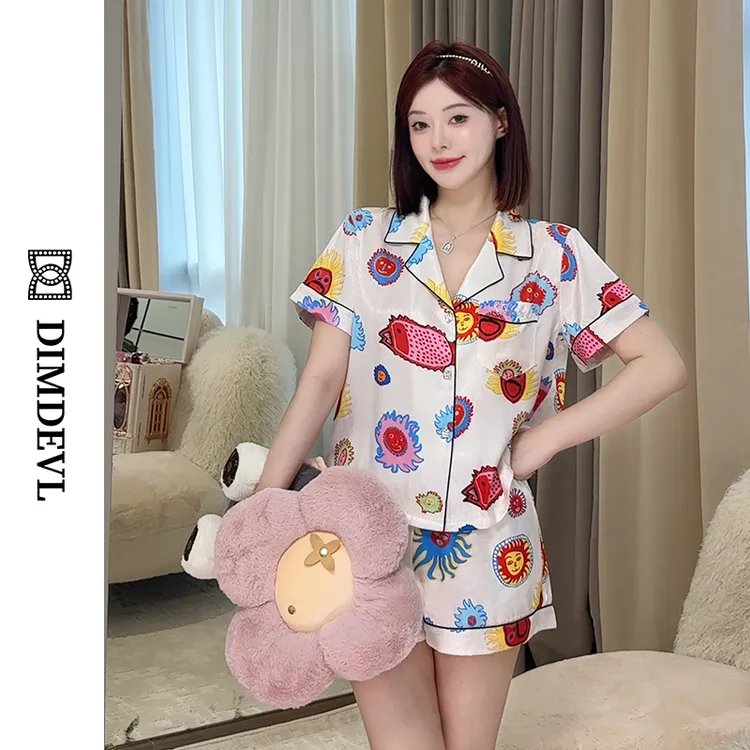 DIMDEVL/汀黛太阳花柔光缎面仿真丝短袖家居服女夏季凉感睡衣套装